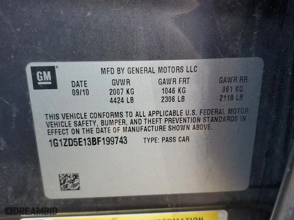 2011 Chevrolet Malibu LT w/2LT with VIN 1G1ZD5E13BF199743, listed as a Copart auction lot 46294605 with NaN miles and Salvage Title. Bid and sale history available at carsss.com. Image 12.