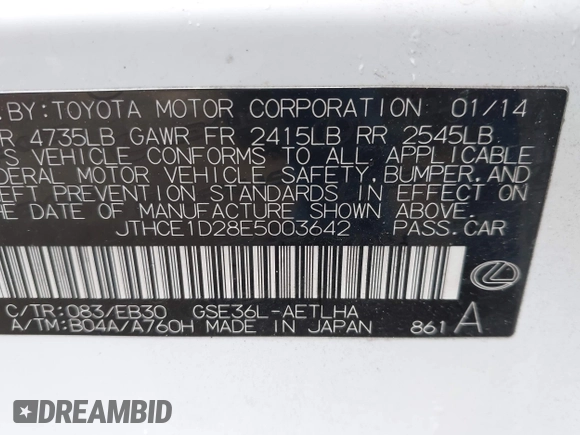 2014 Lexus IS 350 with VIN JTHCE1D28E5003642, listed as a IAAI auction lot 42313492 with 172,911 mi miles and . Bid and sale history available at DreamBid. Image 9.