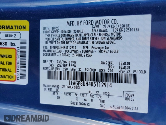 2024 Ford Mustang EcoBoost with VIN 1FAGP8UH4R5112914, listed as a Copart auction lot 49981575 with 37,283 mi miles and Clean Title. Bid and sale history available at carsss.com. Image 12.