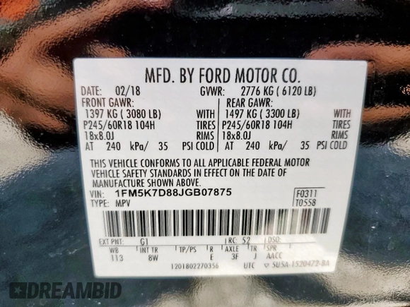 2018 Ford Explorer XLT z VIN 1FM5K7D88JGB07875, wystawiony jako Copart lot #56754745 z przebiegiem 85 422 mil mil oraz Szkoda całkowita • Salvage title. Historia ofert i sprzedaży dostępna na DreamBid. Obrazek 13.