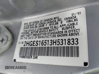 2003 Honda Civic LX with VIN 2HGES16513H531833, listed as a IAAI auction lot 41863960 with 1 mi miles. Bid and sale history available at carsss.com. Image 9.