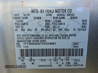 2007 Ford F-150 XLT z VIN 1FTRW02W17KD34981, wystawiony jako Copart lot #74465794 z przebiegiem 259 156 mil mil oraz Czysty tytuł • Clean title. Historia ofert i sprzedaży dostępna na DreamBid. Obrazek 12.