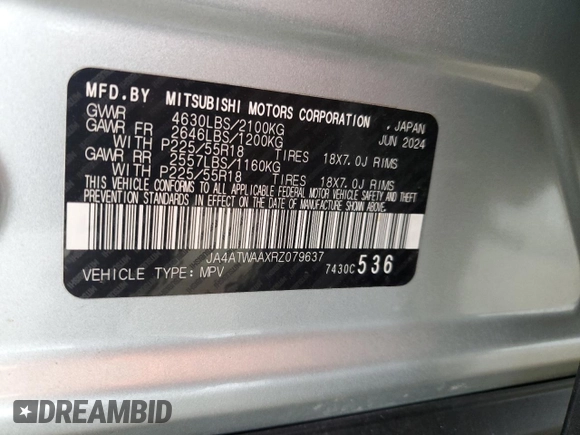 2024 Mitsubishi Eclipse Cross SE with VIN JA4ATWAAXRZ079637, listed as a Copart auction lot 62948185 with Not provided miles and Clean title. Bid and sale history available at DreamBid. Image 12.