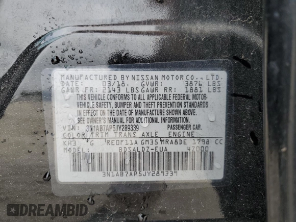 2018 Nissan Sentra SV with VIN 3N1AB7AP5JY289339, listed as a Copart auction lot 43623725 with 84,516 mi miles and Salvage Title. Bid and sale history available at DreamBid. Image 12.