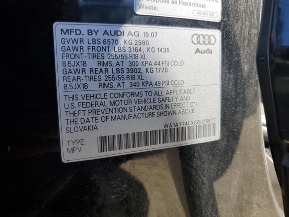 2008 Audi Q7 3.6L with VIN WA1AY74LX8D026677, listed as a Copart auction lot 46836015 with 201,566 mi miles and Salvage Title. Bid and sale history available at carsss.com. Image 14.