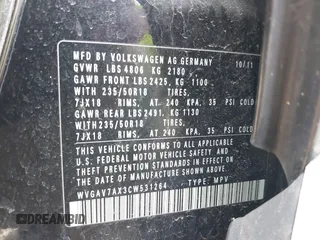2012 Volkswagen Tiguan SE with VIN WVGAV7AX3CW531264, listed as a IAAI auction lot 41651242 with 190,669 mi miles and . Bid and sale history available at DreamBid. Image 9.