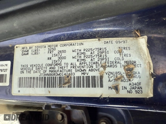 1998 Toyota 4Runner SR5 с VIN JT3HN86R0W0142483, выставлен на аукционе Copart как лот 42633505 с пробегом 254 716 миль миль и На запчасти • Non repairable. История ставок и продаж доступна на DreamBid. Изображение 10.