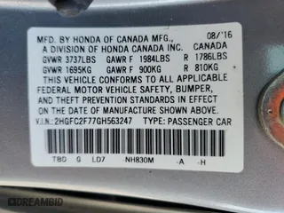 2016 Honda Civic Sedan EX with VIN 2HGFC2F77GH563247, listed as a Copart auction lot 46905325 with 77,195 mi miles and Salvage Title. Bid and sale history available at carsss.com. Image 14.