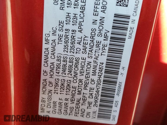 2025 Honda CR-V EX-L with VIN 2HKRS4H79SH424874, listed as a Copart auction lot 41631625 with Not Provided miles and Salvage Title. Bid and sale history available at DreamBid. Image 13.
