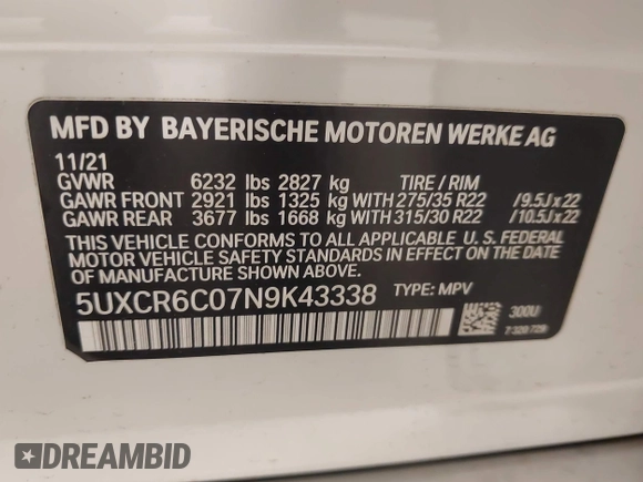 2022 BMW X5 xDrive40i with VIN 5UXCR6C07N9K43338, listed as a IAAI auction lot 42484107 with 42,899 mi miles and . Bid and sale history available at DreamBid. Image 9.