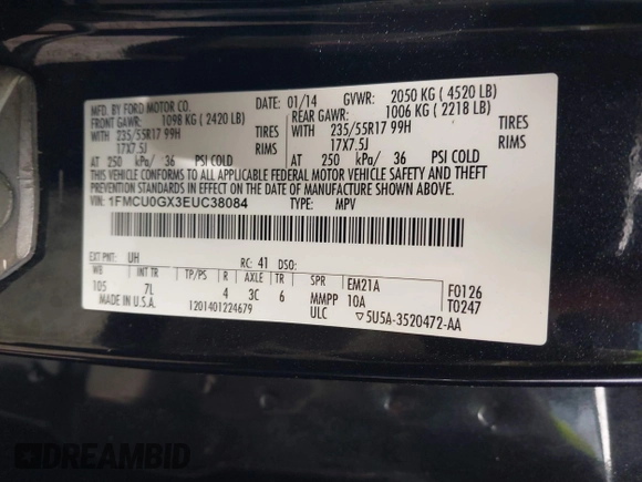 2014 Ford Escape SE z VIN 1FMCU0GX3EUC38084, wystawiony jako IAAI lot #38231507 z przebiegiem 157 955 mil mil oraz . Historia ofert i sprzedaży dostępna na DreamBid. Obrazek 9.
