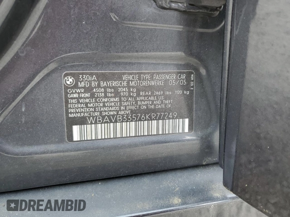 2006 BMW 3 Series 330i z VIN WBAVB33576KR77249, wystawiony jako Copart lot #54324055 z przebiegiem 93 180 mil mil oraz Szkoda całkowita • Salvage title. Historia ofert i sprzedaży dostępna na DreamBid. Obrazek 12.