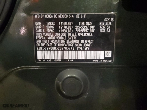 2016 Honda HR-V LX with VIN 3CZRU6H32GM763748, listed as a Copart auction lot 48813795 with 61,199 mi miles and Salvage Title. Bid and sale history available at carsss.com. Image 14.