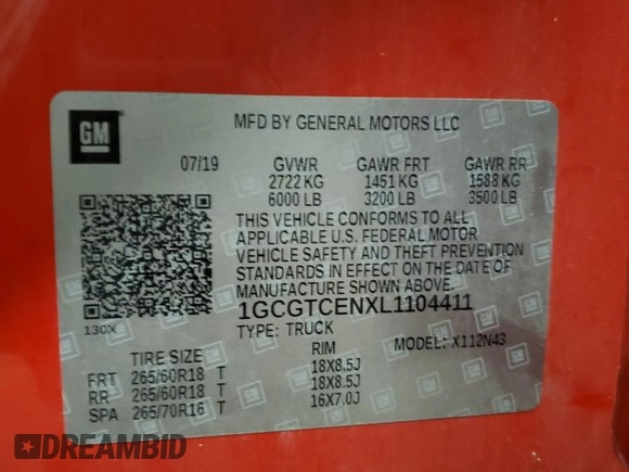 2020 Chevrolet Colorado 4WD LT with VIN 1GCGTCENXL1104411, listed as a Copart auction lot 87895605 with Not provided miles and Salvage title. Bid and sale history available at DreamBid. Image 12.