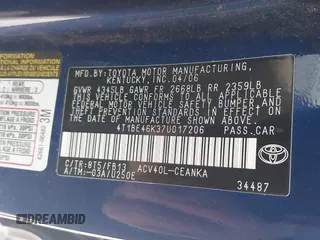 2007 Toyota Camry CE with VIN 4T1BE46K37U017206, listed as a IAAI auction lot 42178287 with 143,745 mi miles and . Bid and sale history available at DreamBid. Image 9.