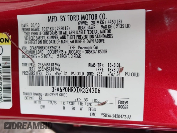 2013 Ford Fusion SE with VIN 3FA6P0HRXDR324206, listed as a IAAI auction lot 41650318 with 168,713 mi miles. Bid and sale history available at carsss.com. Image 9.