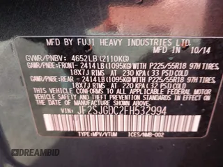 2015 Subaru Forester 2.0XT Premium with VIN JF2SJGDC2FH532994, listed as a IAAI auction lot 41797117 with 104,571 mi miles. Bid and sale history available at carsss.com. Image 9.