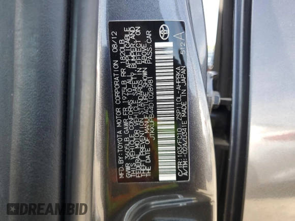 2013 Scion xD z VIN JTKKUPB44D1028981, wystawiony jako Copart lot #55114845 z przebiegiem 170 581 mil mil oraz Szkoda całkowita • Salvage title. Historia ofert i sprzedaży dostępna na DreamBid. Obrazek 12.