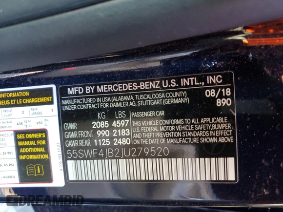 2018 Mercedes-Benz C 300 with VIN 55SWF4JB2JU279520, listed as a Copart auction lot 48434885 with 63,357 mi miles and Salvage title. Bid and sale history available at DreamBid. Image 14.