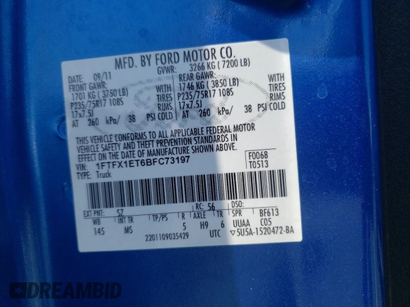 2011 Ford F-150 XL with VIN 1FTFX1ET6BFC73197, listed as a Copart auction lot 59228975 with Not provided miles and Salvage title. Bid and sale history available at DreamBid. Image 13.