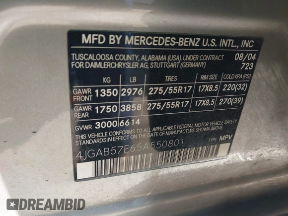 2005 Mercedes-Benz M 350 with VIN 4JGAB57E65A550801, listed as a IAAI auction lot 41669539 with 207,572 mi miles and . Bid and sale history available at DreamBid. Image 9.