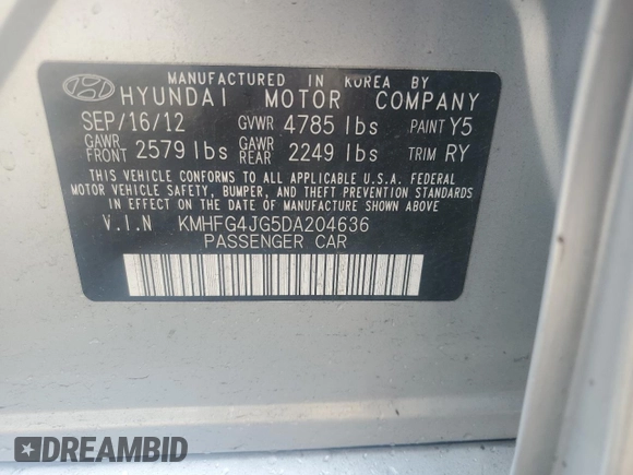 2013 Hyundai Azera с VIN KMHFG4JG5DA204636, выставлен на аукционе Copart как лот 59782945 с пробегом 74 494 миль миль и Списание • Salvage title. История ставок и продаж доступна на DreamBid. Изображение 12.
