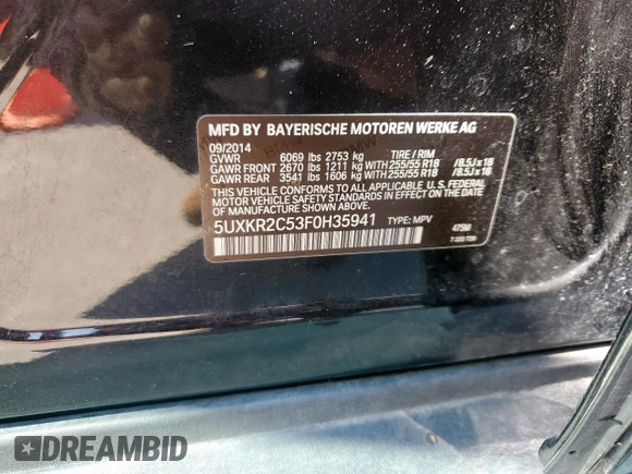 2015 BMW X5 sDrive35i with VIN 5UXKR2C53F0H35941, listed as a Copart auction lot 52117285 with 0 mi miles and Clean Title. Bid and sale history available at carsss.com. Image 13.