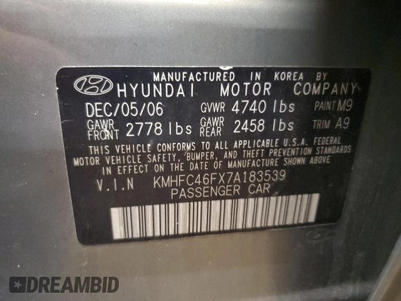 2007 Hyundai Azera SE z VIN KMHFC46FX7A183539, wystawiony jako Copart lot #54205265 z przebiegiem 154 942 mil mil oraz Nie do naprawy • Non repairable. Historia ofert i sprzedaży dostępna na DreamBid. Obrazek 13.