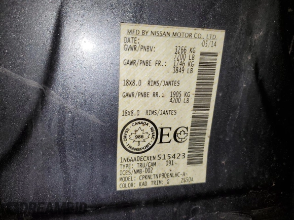 2014 Nissan Titan S with VIN 1N6AA0ECXEN515423, listed as a Copart auction lot 47934505 with 208,900 mi miles and Salvage Title. Bid and sale history available at DreamBid. Image 13.