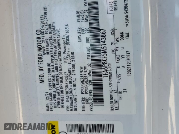 2021 Ford Mustang GT with VIN 1FA6P8CF5M5143867, listed as a Copart auction lot 52494805 with 53,992 mi miles and Salvage title. Bid and sale history available at DreamBid. Image 15.