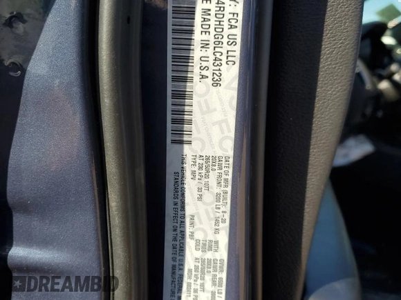 2020 Dodge Durango GT with VIN 1C4RDHDG6LC431236, listed as a Copart auction lot 85582904 with 66,137 mi miles and Salvage title. Bid and sale history available at DreamBid. Image 13.