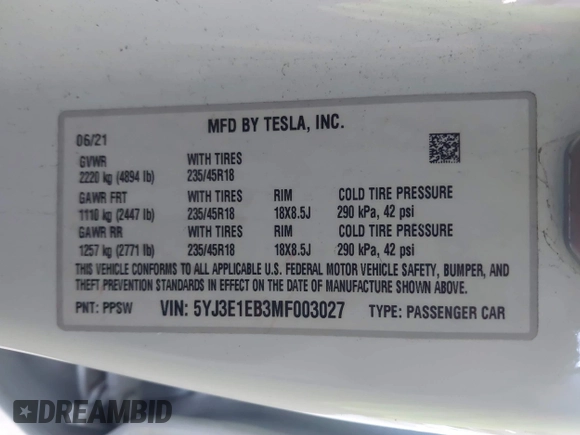 2021 Tesla Model 3 Long Range with VIN 5YJ3E1EB3MF003027, listed as a IAAI auction lot 41859036 with 102,302 mi miles and . Bid and sale history available at carsss.com. Image 9.