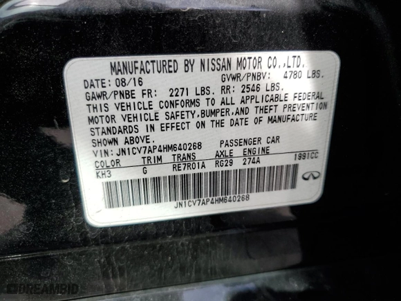 2017 Infiniti Q50 2.0t with VIN JN1CV7AP4HM640268, listed as a Copart auction lot 72729784 with NaN miles and Salvage Title. Bid and sale history available at carsss.com. Image 13.