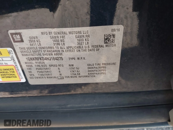 2017 Chevrolet Traverse LS with VIN 1GNKRFKD4HJ184275, listed as a IAAI auction lot 41893941 with 77,684 mi miles and . Bid and sale history available at DreamBid. Image 9.
