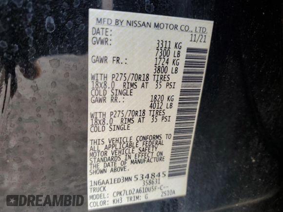 2021 Nissan Titan SV с VIN 1N6AA1ED3MN534845, выставлен на аукционе Copart как лот 81636574 с пробегом 111 680 миль миль и Списание • Salvage title. История ставок и продаж доступна на DreamBid. Изображение 12.