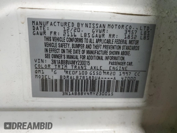 2021 Nissan Sentra S with VIN 3N1AB8BV4MY230015, listed as a Copart auction lot 51510225 with 47,204 mi miles and Salvage Title. Bid and sale history available at DreamBid. Image 13.