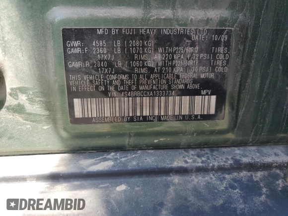 2010 Subaru Outback Premium All-Weather Anniversary z VIN 4S4BRBCCXA1333734, wystawiony jako Copart lot #56649445 z przebiegiem 221 847 mil mil oraz Szkoda całkowita • Salvage title. Historia ofert i sprzedaży dostępna na DreamBid. Obrazek 12.