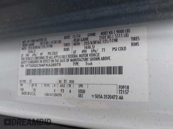 2015 Ford Transit Cargo with VIN 1FTNR2CM4FKA26975, listed as a IAAI auction lot 39407096 with 150,786 mi miles and . Bid and sale history available at carsss.com. Image 9.
