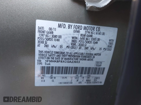 2012 Ford Explorer Limited with VIN 1FMHK8F8XCGA23933, listed as a IAAI auction lot 40653654 with 114,112 mi miles and . Bid and sale history available at DreamBid. Image 9.