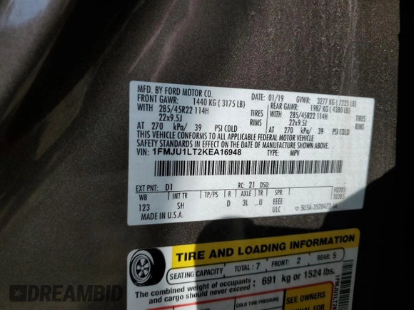 2019 Ford Expedition Platinum with VIN 1FMJU1LT2KEA16948, listed as a Copart auction lot 71663304 with 88,009 mi miles and Salvage Title. Bid and sale history available at carsss.com. Image 13.