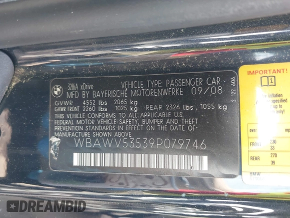 2009 BMW 3 Series 328i xDrive with VIN WBAWV53539P079746, listed as a IAAI auction lot 42205446 with 114,155 mi miles and . Bid and sale history available at carsss.com. Image 9.