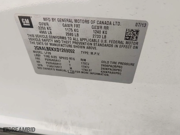 2013 Chevrolet Equinox LS with VIN 2GNALBEKXD1269092, listed as a IAAI auction lot 41783112 with 93,103 mi miles. Bid and sale history available at carsss.com. Image 9.