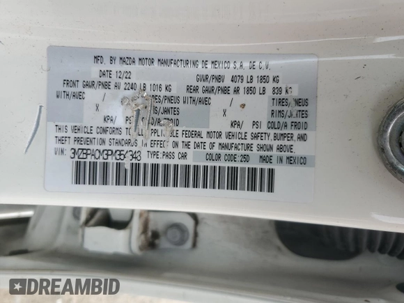 2023 Mazda 3 S Carbon Edition with VIN 3MZBPACM3PM354348, listed as a Copart auction lot 57083785 with 51,723 mi miles and Salvage title. Bid and sale history available at DreamBid. Image 12.
