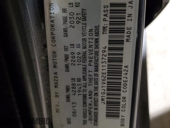 2014 Mazda Mazda6 i Touring with VIN JM1GJ1V62E1137294, listed as a Copart auction lot 83435714 with 166,354 mi miles and Salvage Title. Bid and sale history available at carsss.com. Image 14.