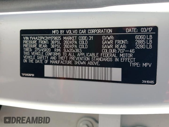 2017 Volvo XC90 Momentum with VIN YV4A22PK2H1179825, listed as a Copart auction lot 49439875 with 76,810 mi miles and Salvage Title. Bid and sale history available at DreamBid. Image 14.