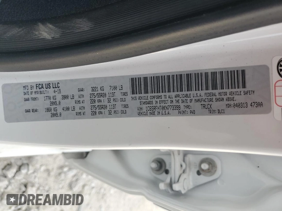 2019 Ram 1500 Limited with VIN 1C6SRFHT0KN773399, listed as a Copart auction lot 59344935 with 80,840 mi miles and Salvage title. Bid and sale history available at DreamBid. Image 13.