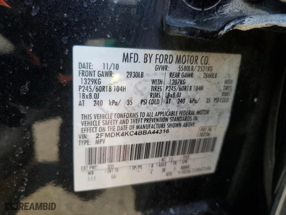 2011 Ford Edge Limited with VIN 2FMDK4KC4BBA44316, listed as a Copart auction lot 49882025 with 198,183 mi miles and Clean Title. Bid and sale history available at carsss.com. Image 13.