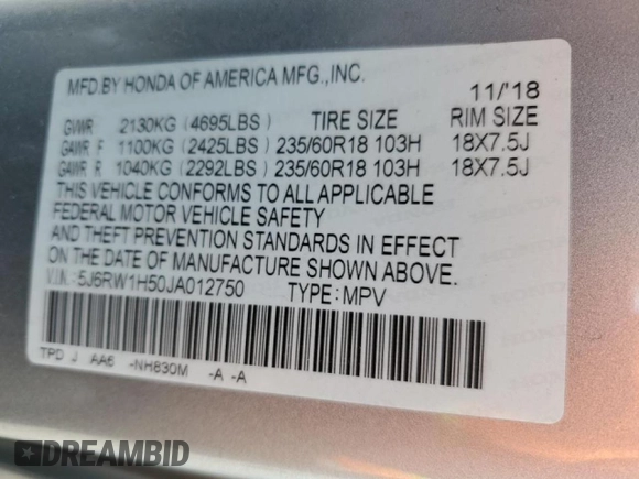 2018 Honda CR-V EX with VIN 5J6RW1H50JA012750, listed as a Copart auction lot 45707715 with 120,594 mi miles and Salvage Title. Bid and sale history available at carsss.com. Image 13.