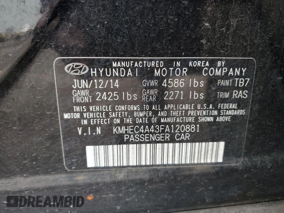 2015 Hyundai Sonata Hybrid Limited with VIN KMHEC4A43FA120881, listed as a Copart auction lot 73848763 with 117,967 mi miles. Bid and sale history available at carsss.com. Image 12.
