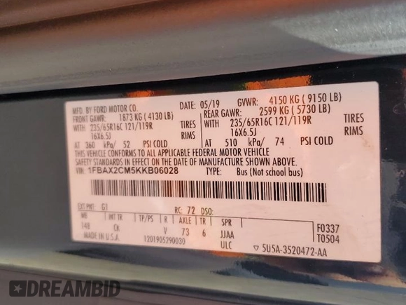 2019 Ford Transit Passenger XL with VIN 1FBAX2CM5KKB06028, listed as a Copart auction lot 70045494 with 193,889 mi miles and Salvage Title. Bid and sale history available at carsss.com. Image 14.